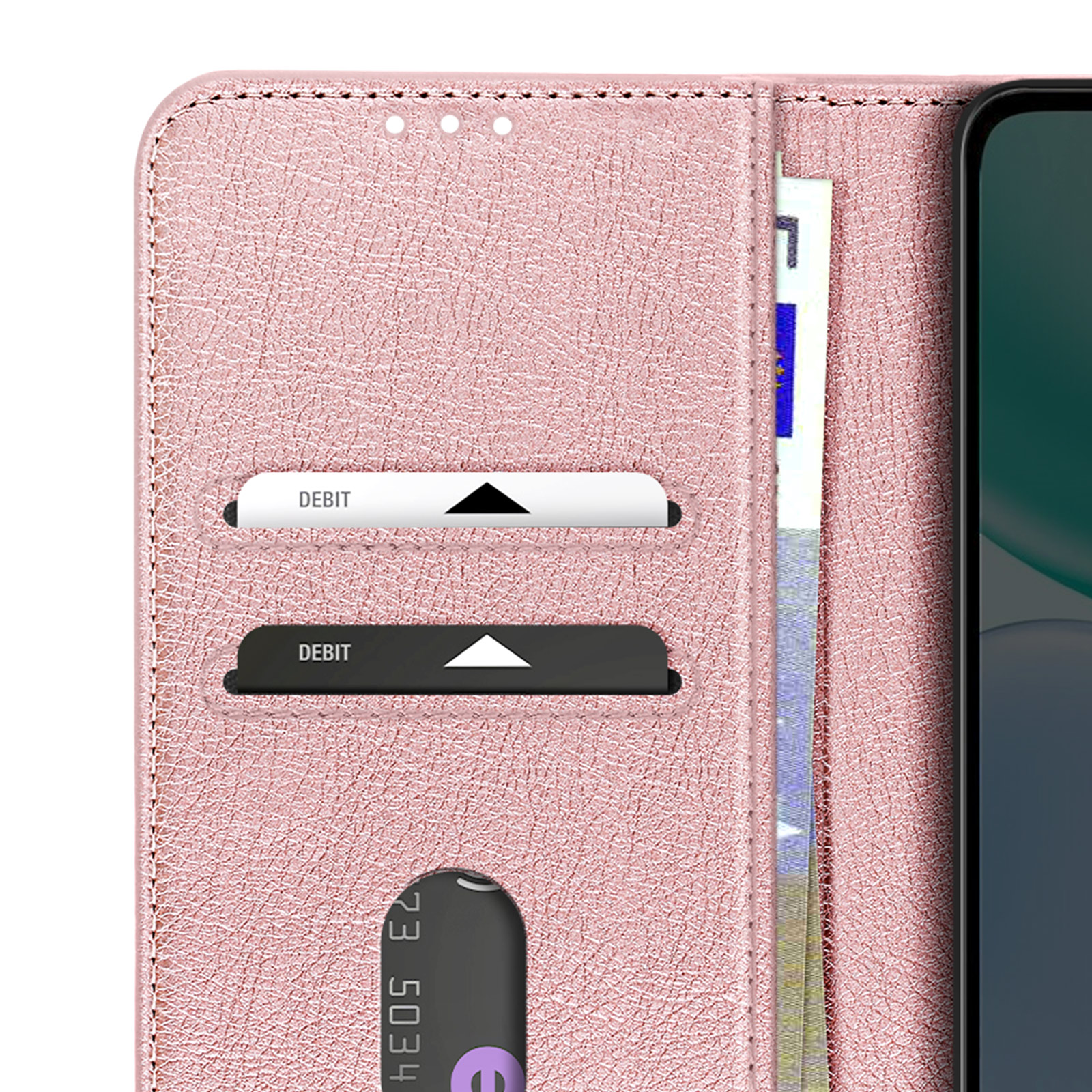 Custodia rosa per telefono con slot per carte, una banconota e un telefono.