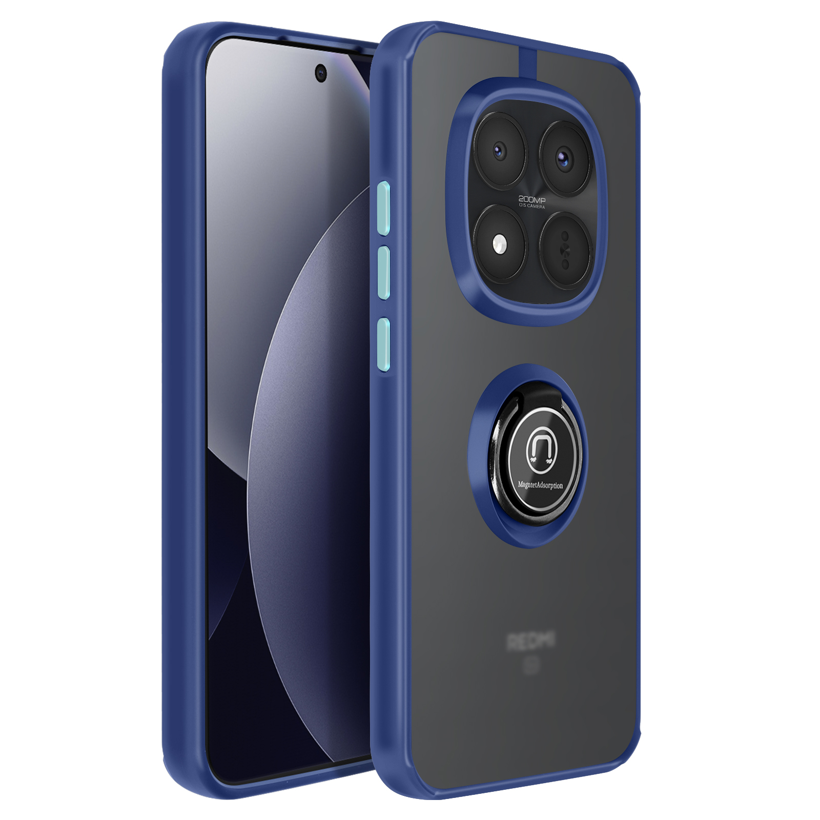 Une coque de téléphone bleue avec quatre caméras et un support anneau.