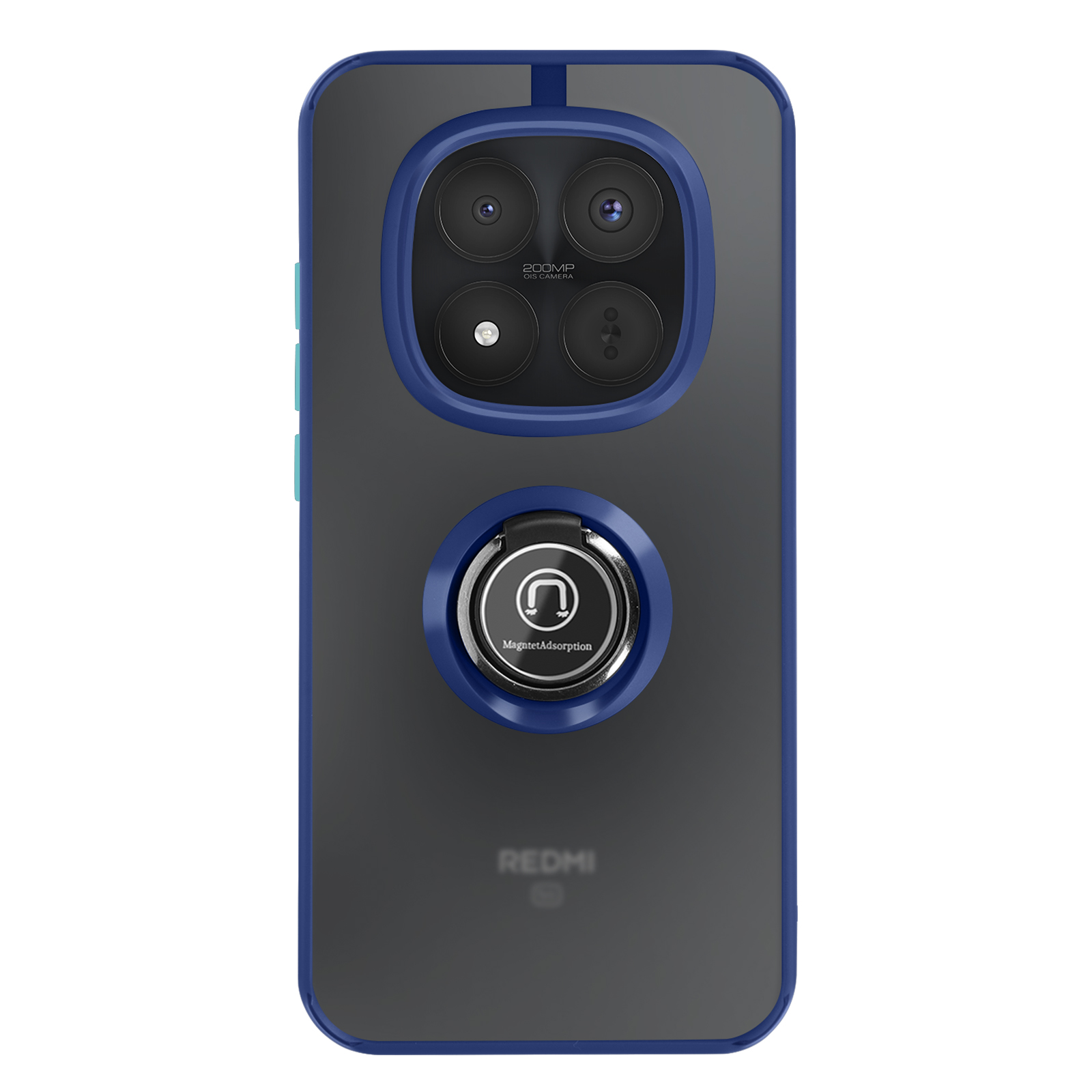 Arrière d'un smartphone avec quatre caméras, un anneau magnétique et un cadre bleu.