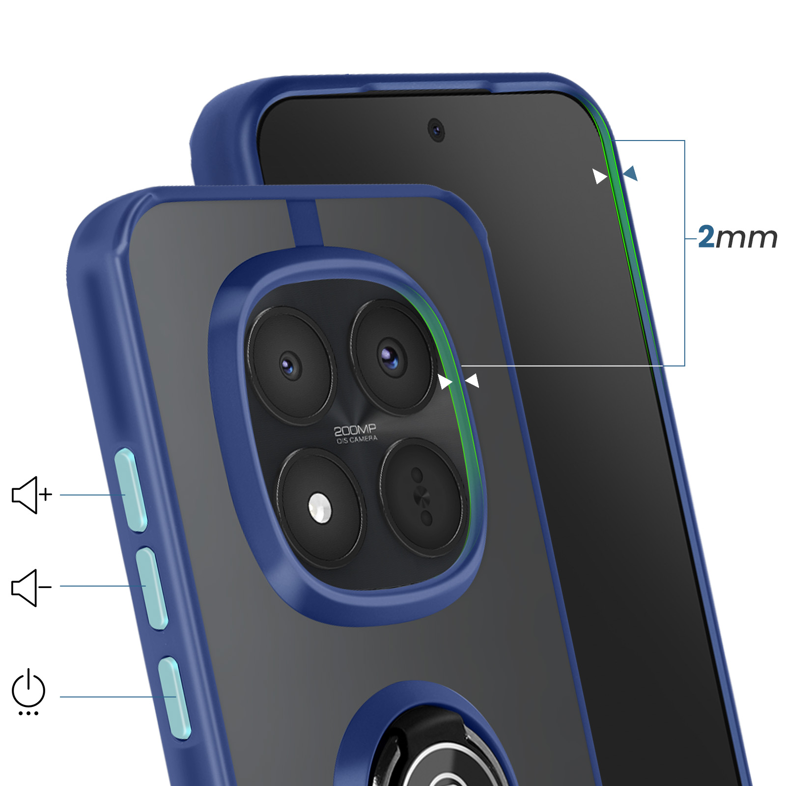 Coque de téléphone bleue avec quatre caméras, bord de 2 mm et boutons volume/alimentation.