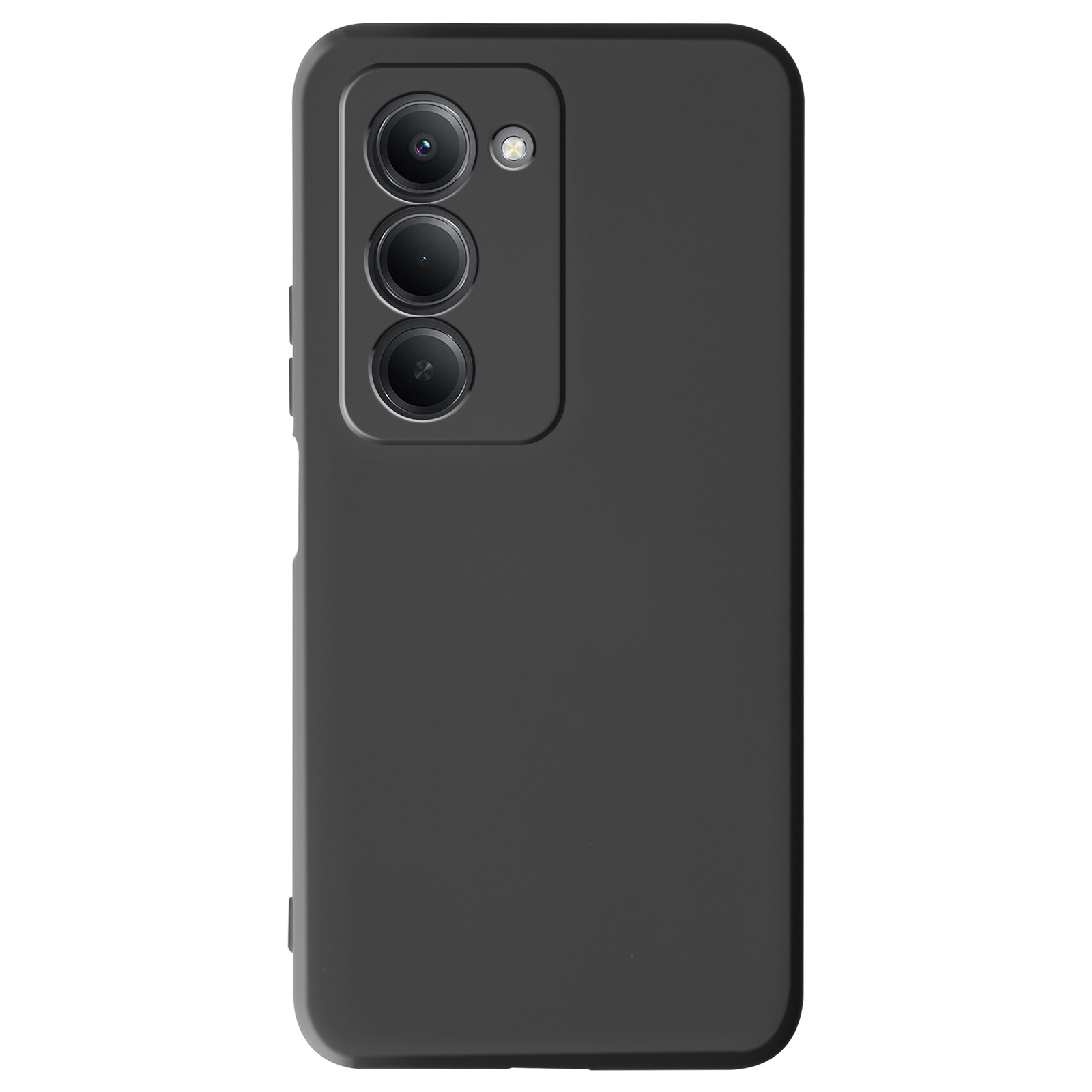 Achterkant van een donker smartphonehoesje met drie camera's.