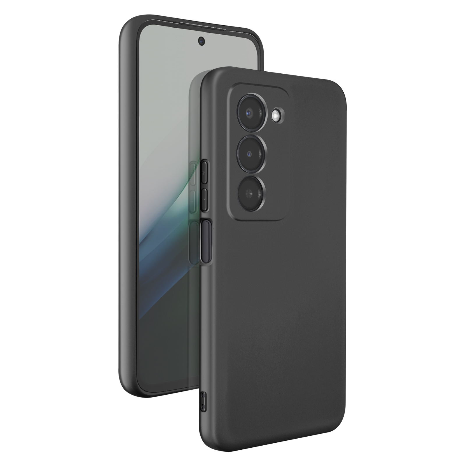 Een zwarte smartphone in een hoesje, rechtopstaand.