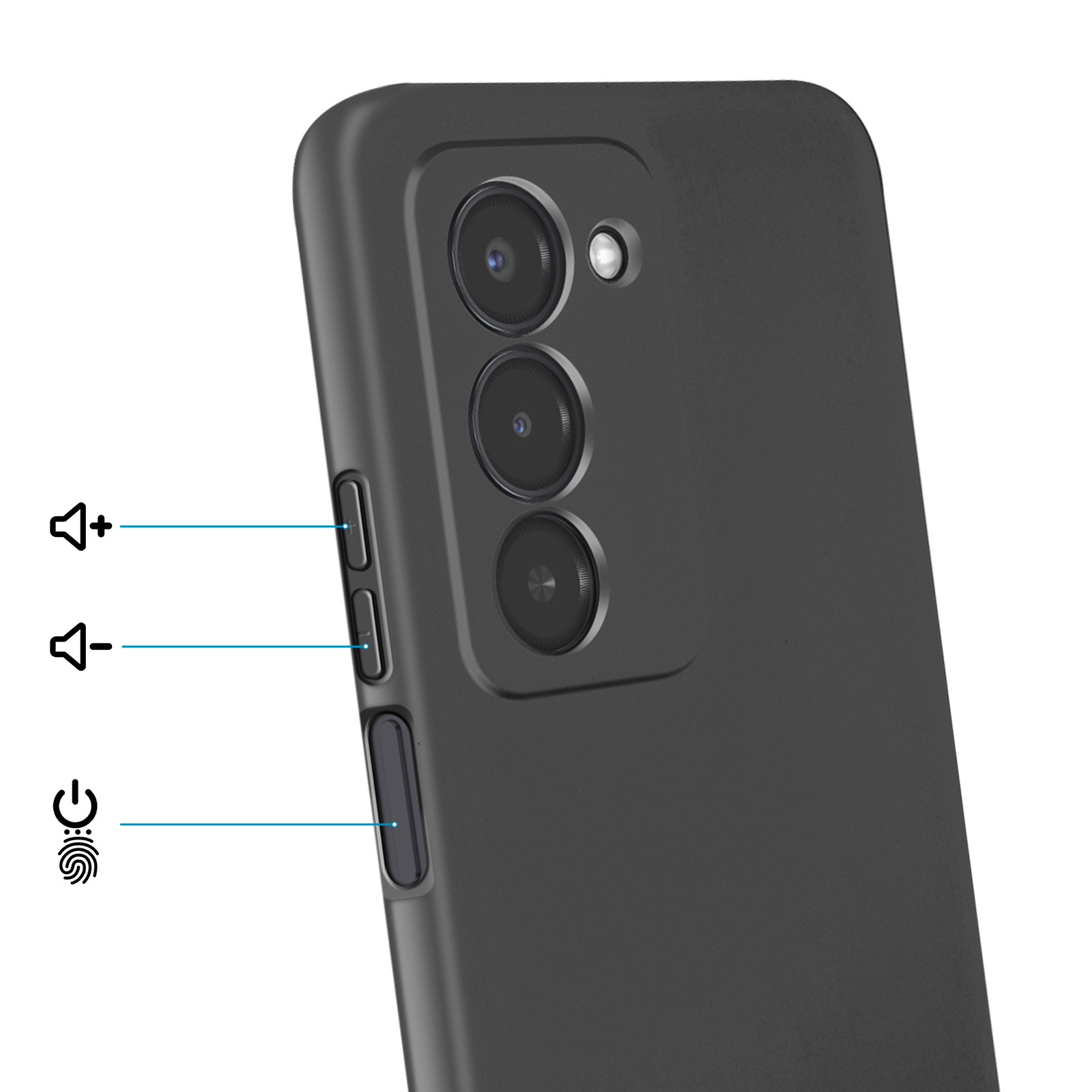 Donkergrijs toestel met drie camera's en zijknoppen.