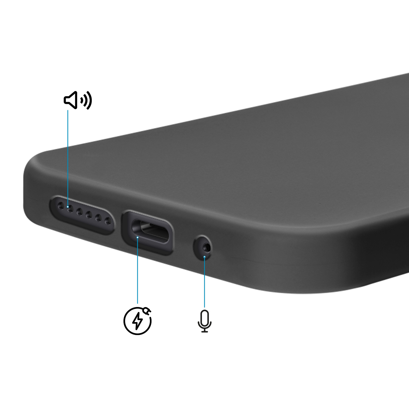 Grijze telefoonhoes met speaker-, laad- en microfoonaansluitingen.