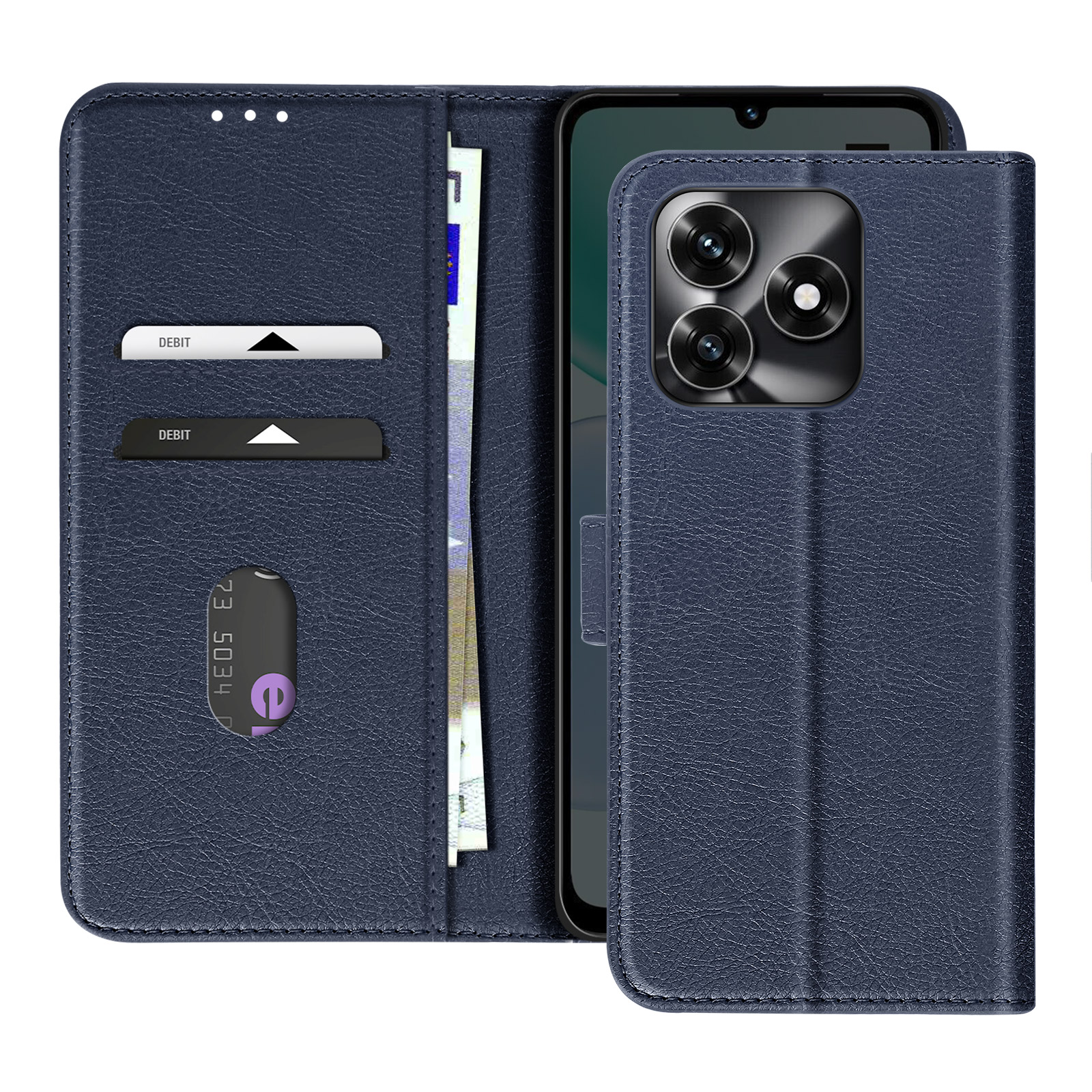 Portafoglio telefono blu scuro con scomparti per carte e banconote.