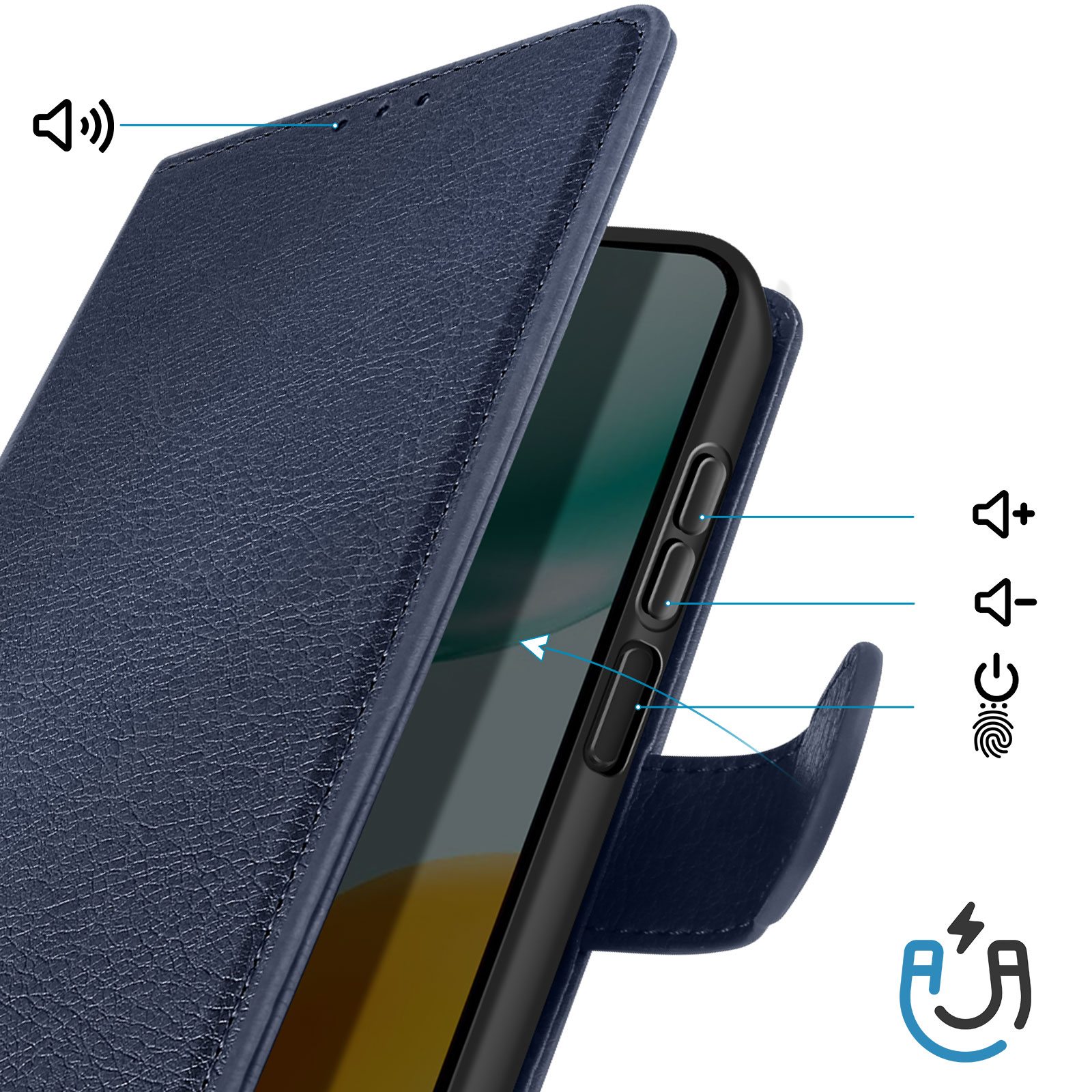Custodia blu scuro per telefono con tasti volume, accensione e sensore impronte.