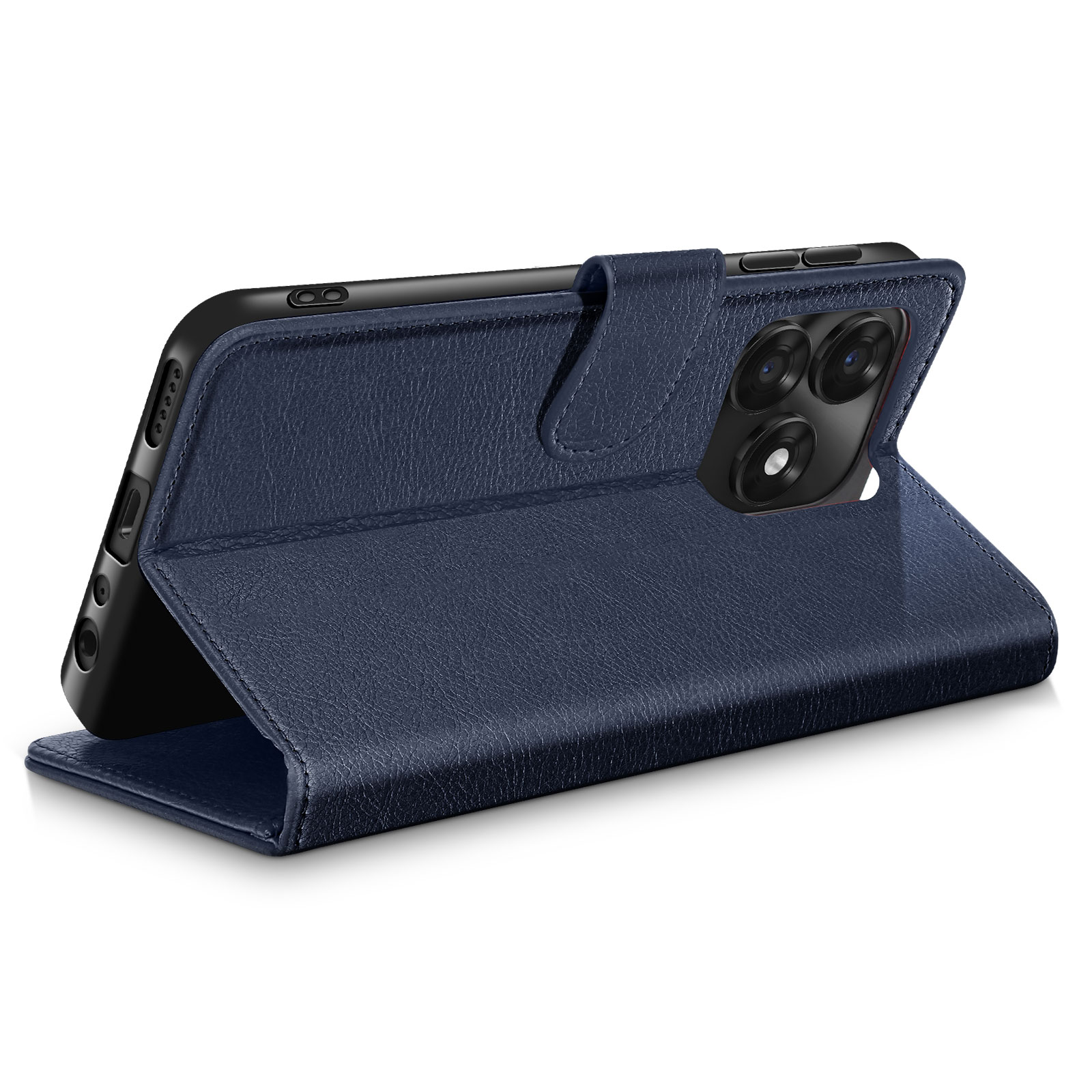 Custodia a libro in pelle blu scuro per smartphone in piedi.