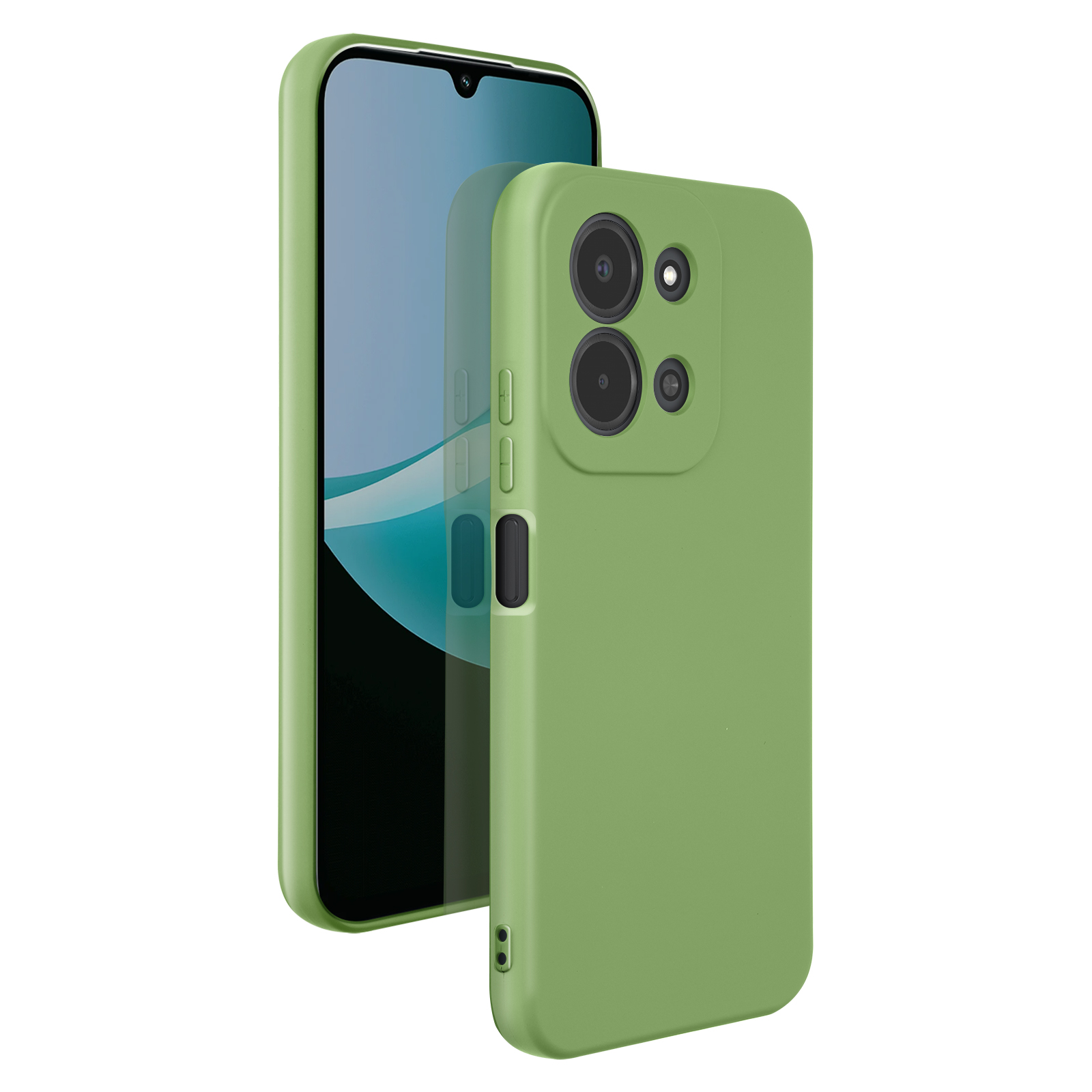 Coque de téléphone verte avec module caméra, à côté d'un smartphone.