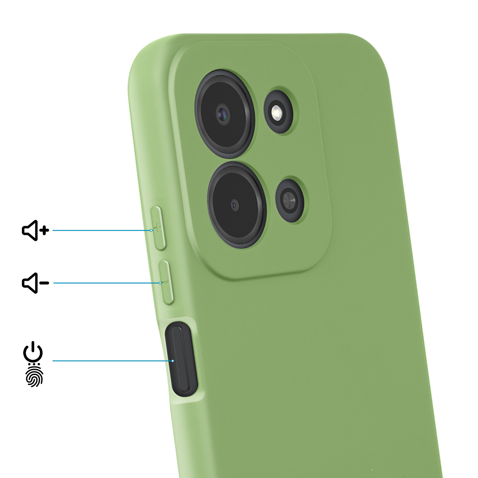 Coque de téléphone verte montrant le bloc caméra et les boutons latéraux volume/alimentation.