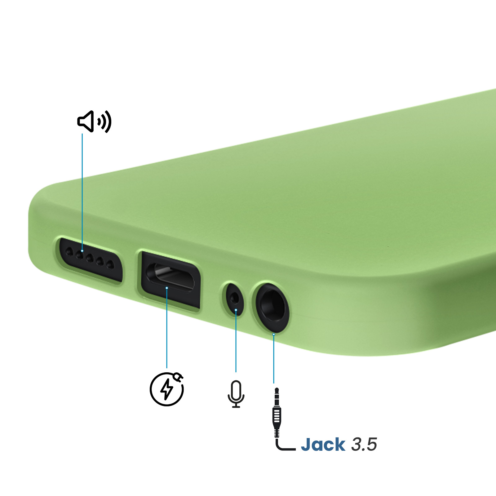 Coque de téléphone verte montrant haut-parleur, port de charge, micro et prise jack 3,5 mm.