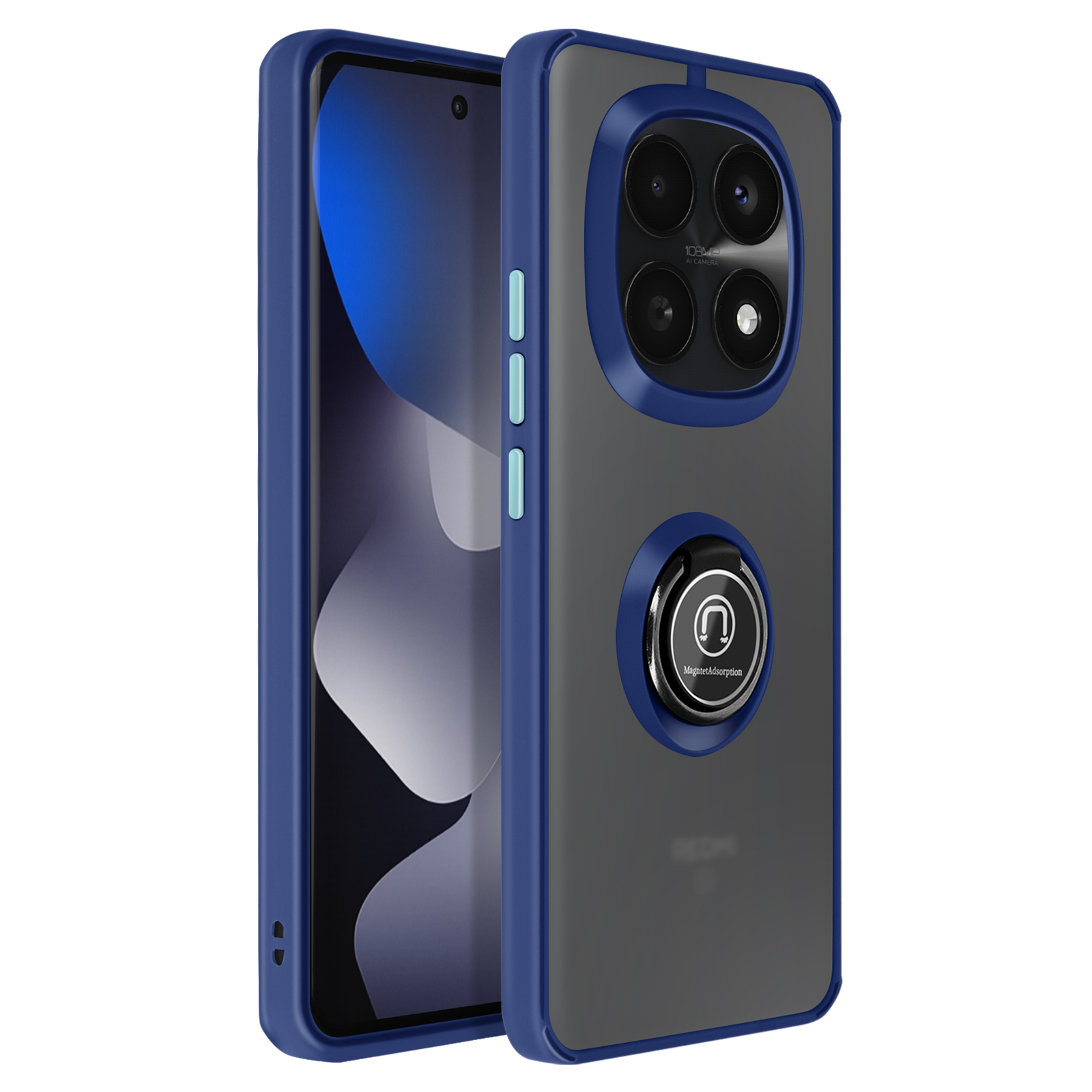 Een blauwe telefoon in een transparante hoes met een ringhouder aan de achterkant.