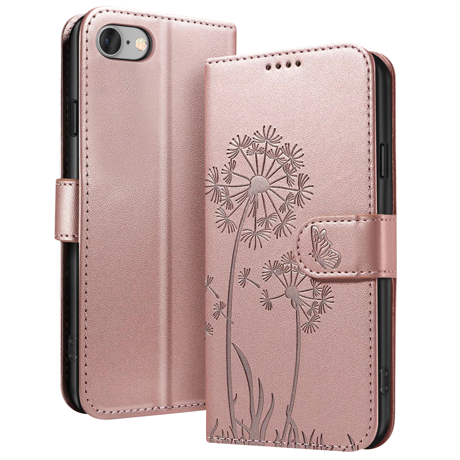 Una custodia per telefono oro rosa con disegno di dente di leone e farfalla.