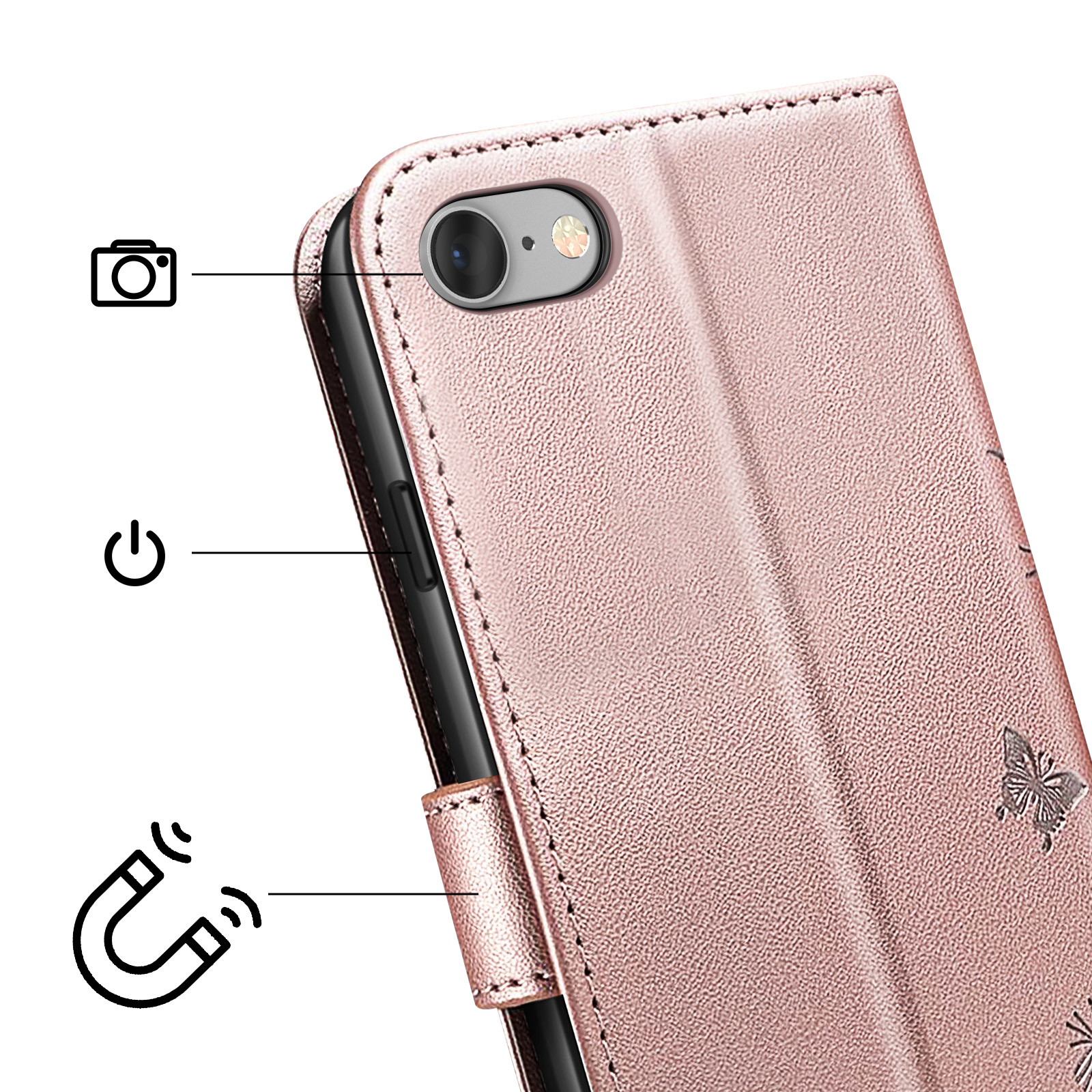 Custodia rosa per telefono con goffratura farfalla e icone fotocamera/accensione.