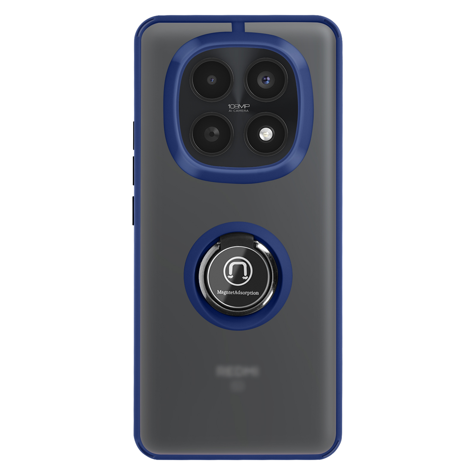 Donkergrijs toestel met blauwe rand, vier camera's en ringhouder.