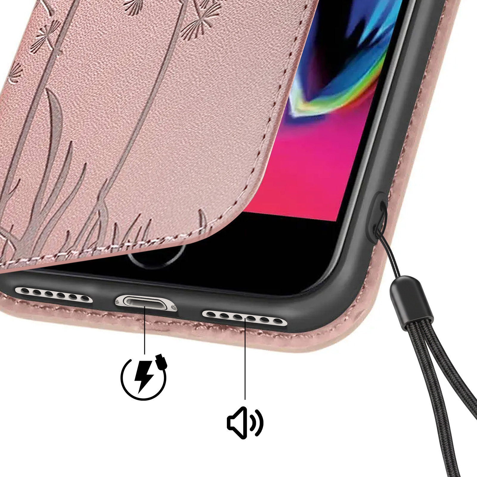 Una cover rosa per telefono con motivo in rilievo e porta di ricarica.