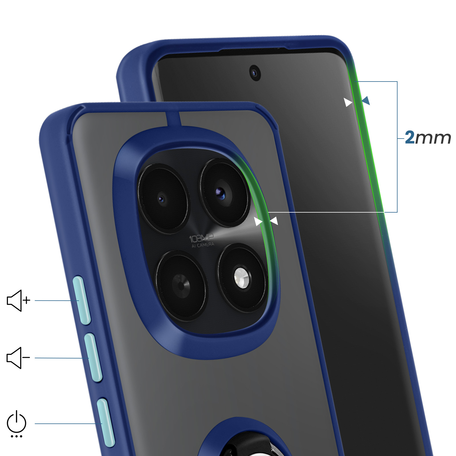 Een blauwe telefoonhoes met 3 camera's en 2mm opstaande rand.