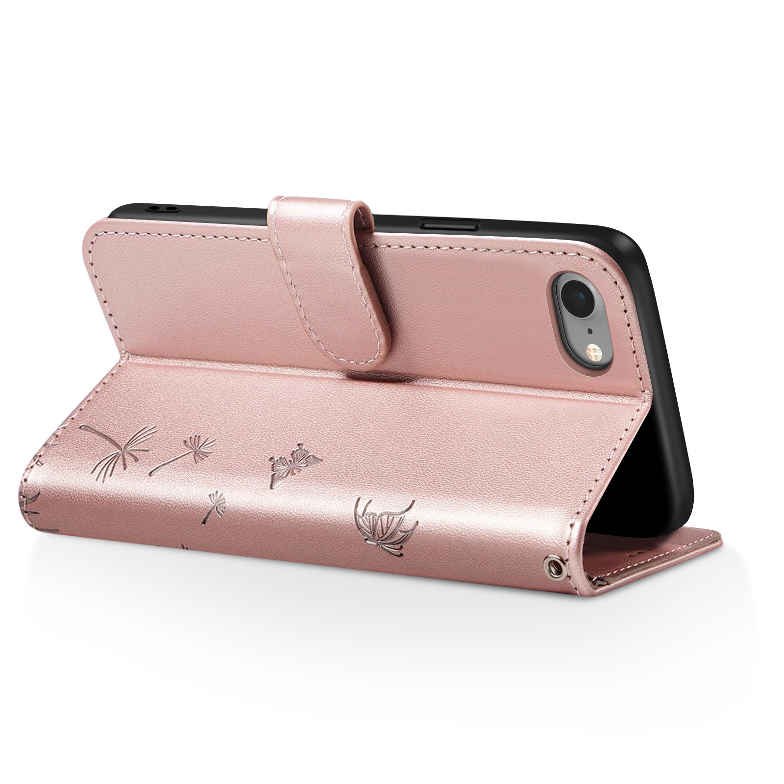 Una custodia per telefono oro rosa con rilievo di farfalla, aperta.