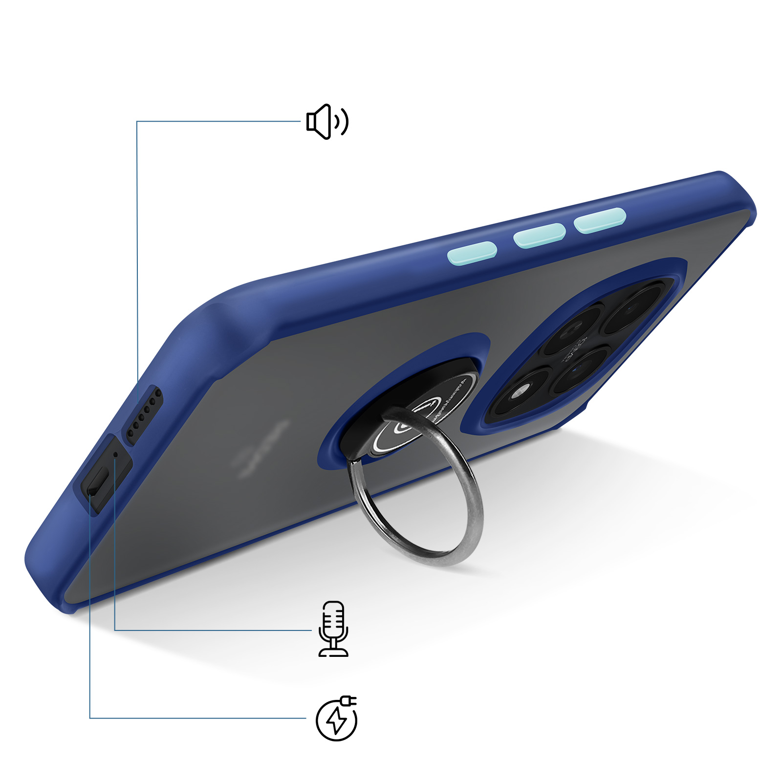 Een blauwe telefoonhoes met ringhouder, luidspreker-, microfoon- en oplaadpoorten.