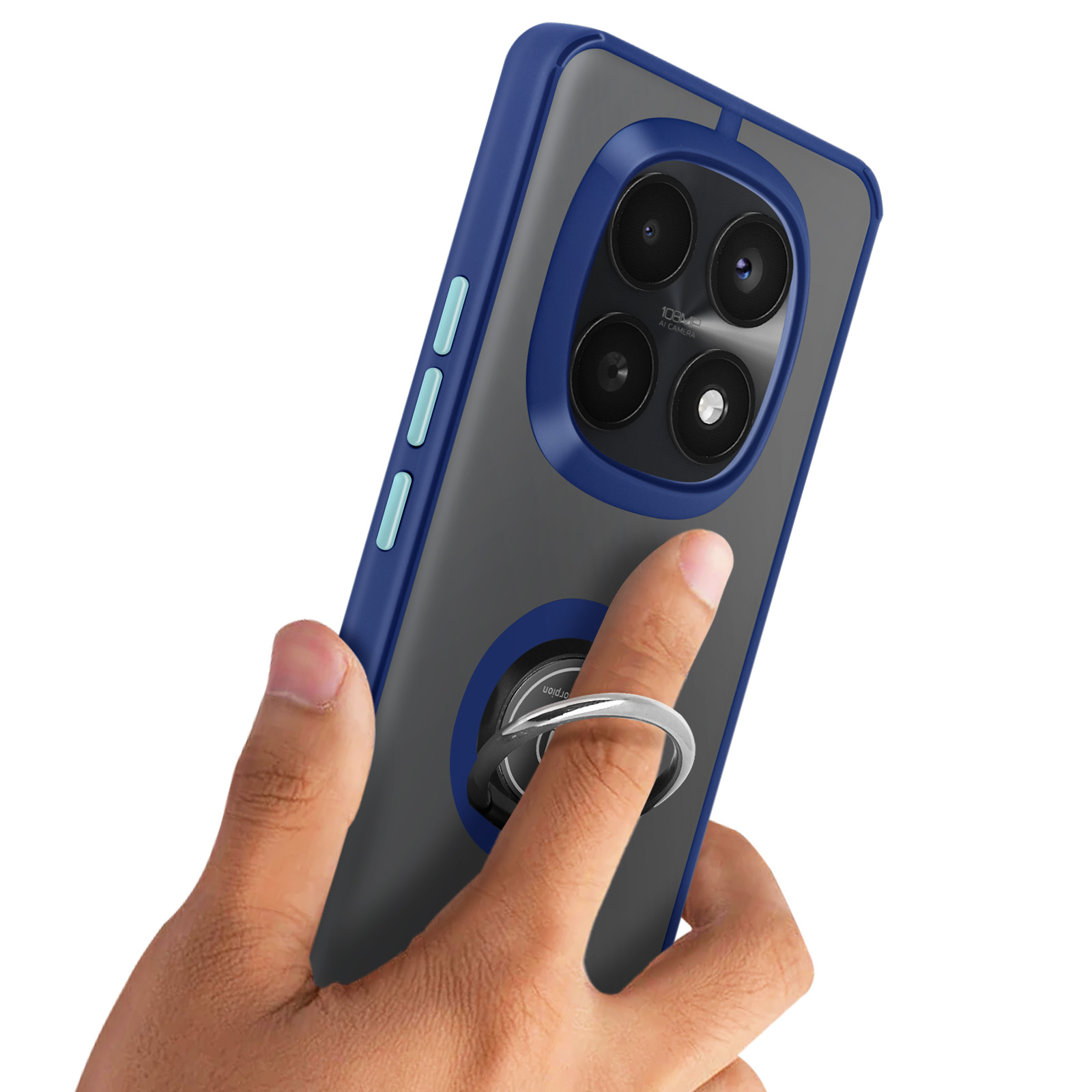 Een hand houdt een smartphone vast met een blauwe hoes en ringhouder.