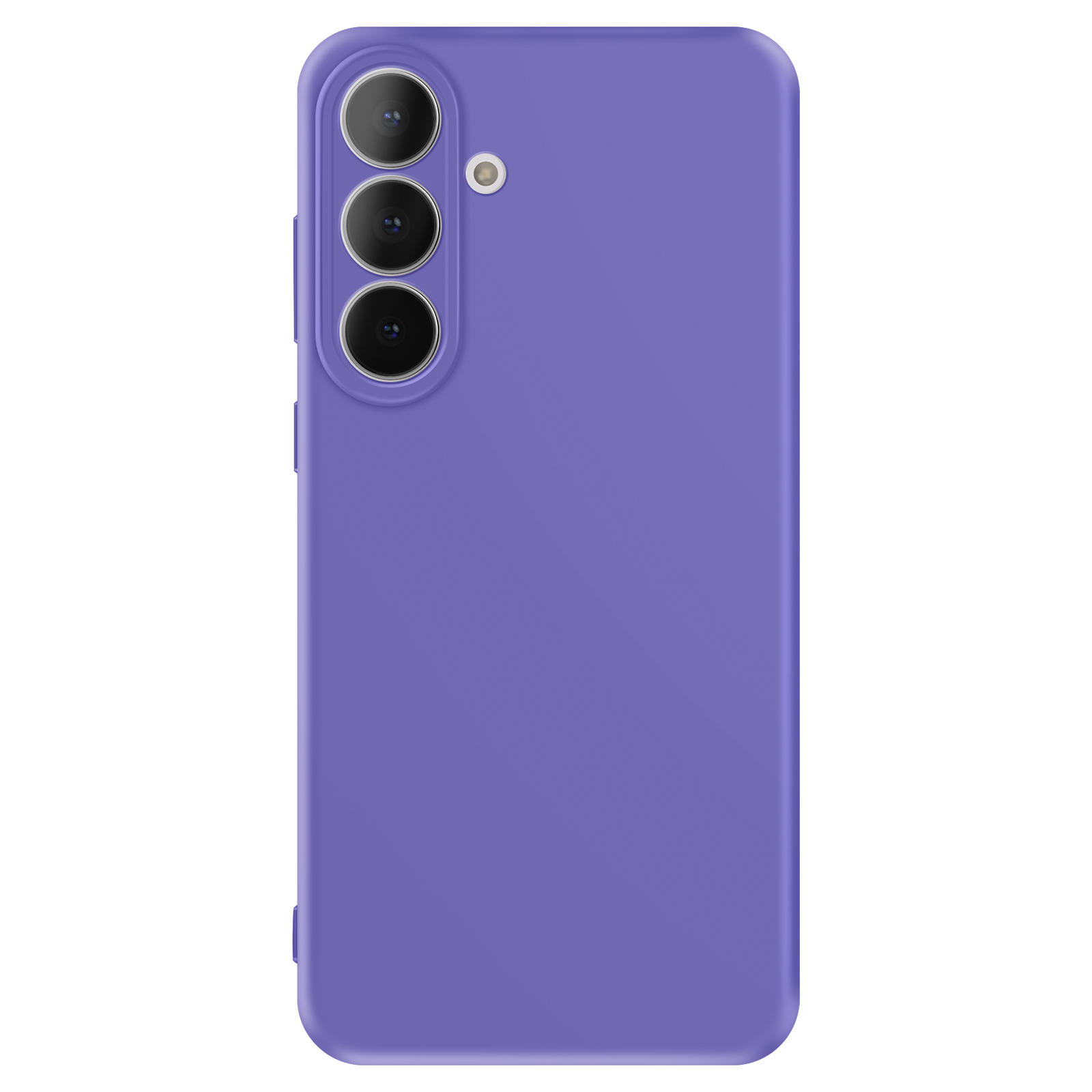 Paarse telefoonhoes met drievoudige camera-uitsparing en flitser.