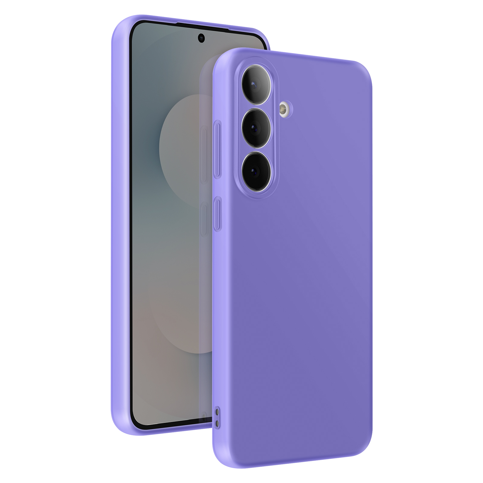 Een paarse smartphone met een beschermhoes die de camera's bedekt.