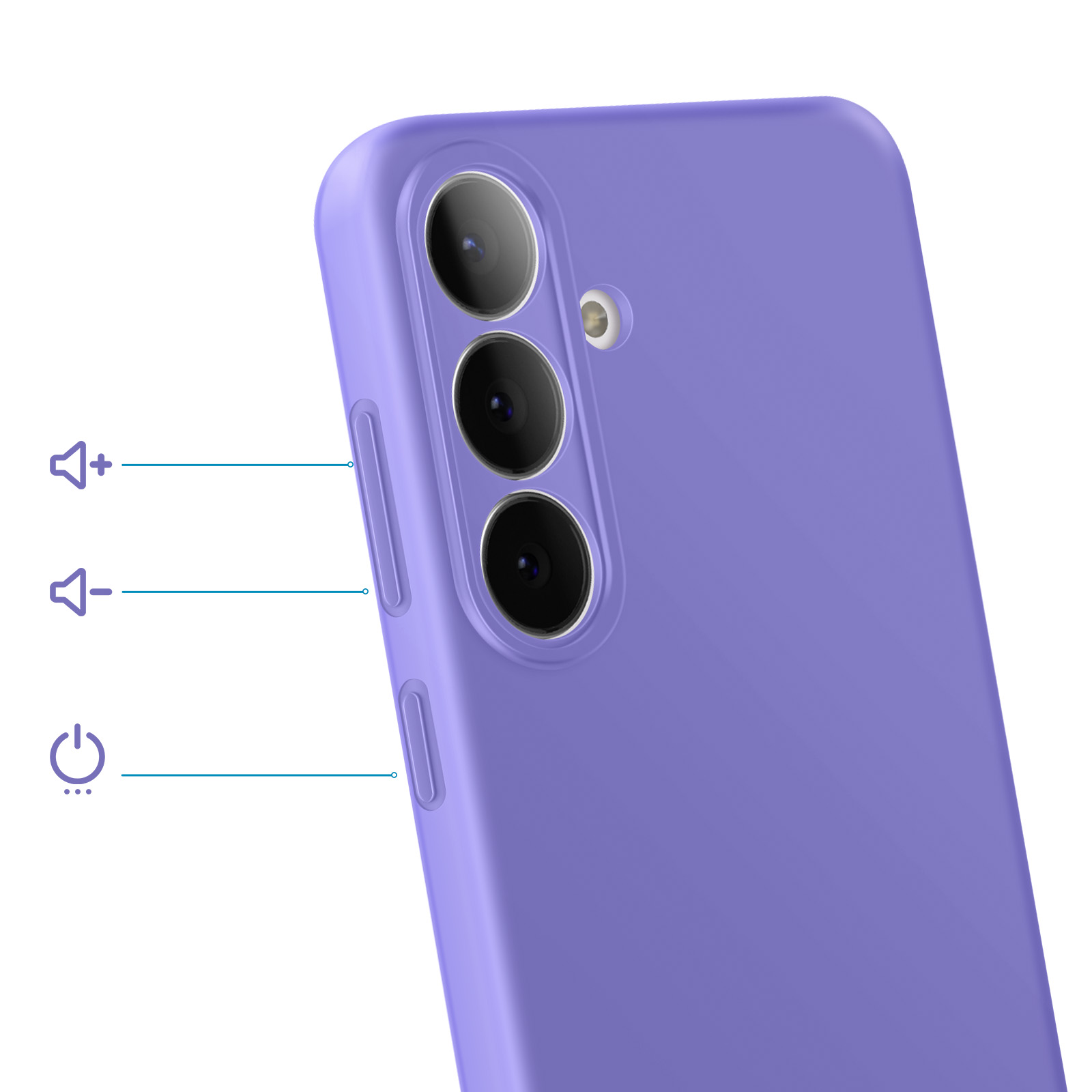 Paarse telefoonhoes met cameralenzen en zijtoetsen. Volume- en aan/uit-pictogrammen.