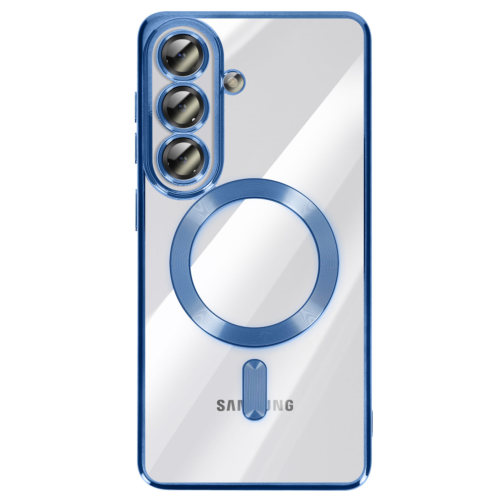 Une coque de téléphone transparente avec des accents bleus et des caméras.