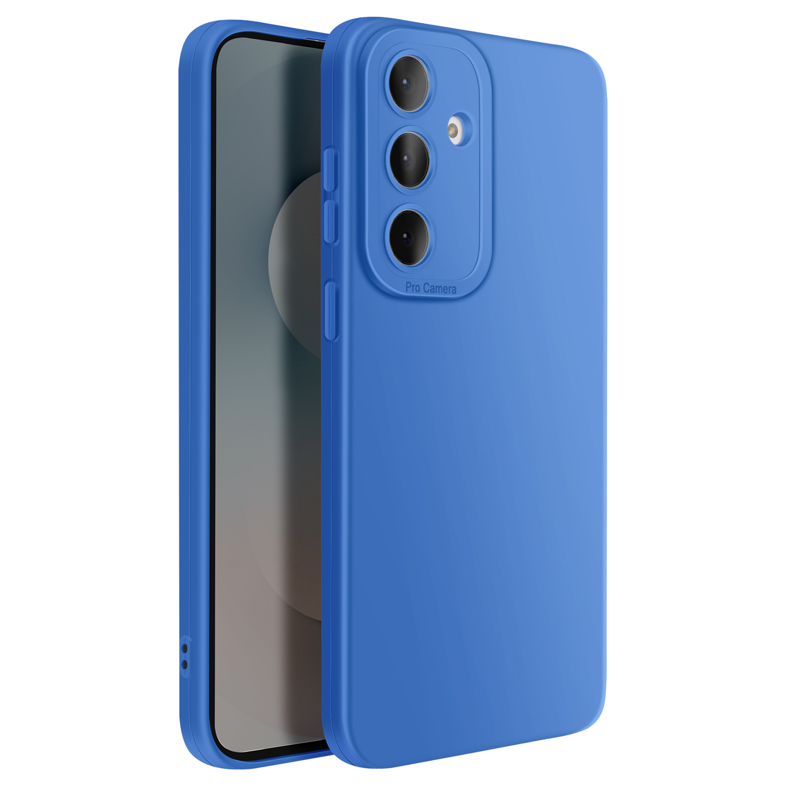 Blauw telefoonhoesje met drie cameralenzen en flitser.