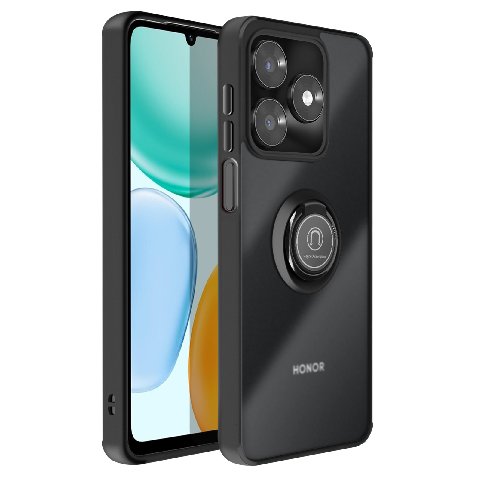 Coque de téléphone noire avec support anneau, triple appareil photo et logo HONOR.