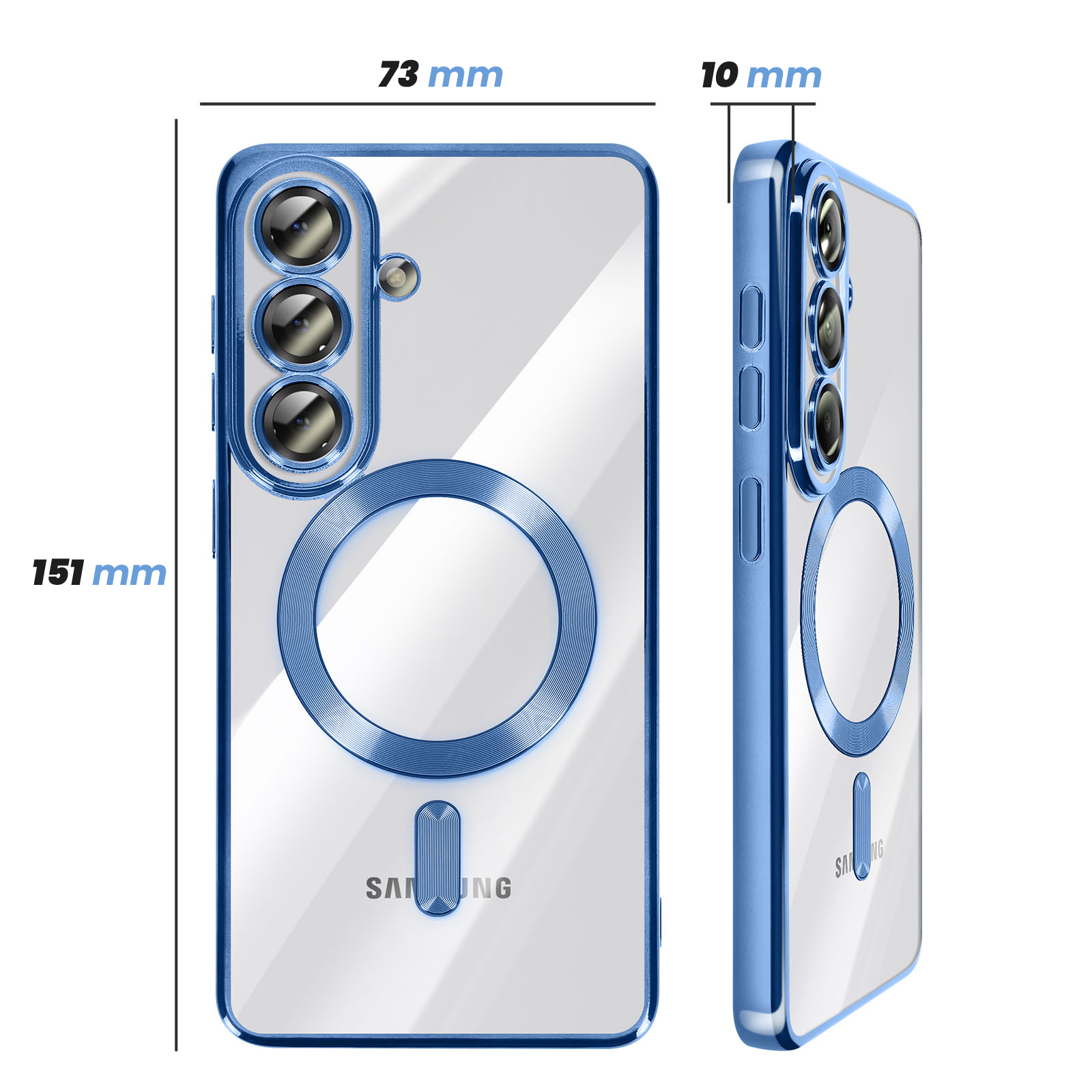 Une coque de téléphone transparente aux bords bleus avec un anneau magnétique circulaire et trois découpes pour l'appareil photo, affichant les dimensions.
