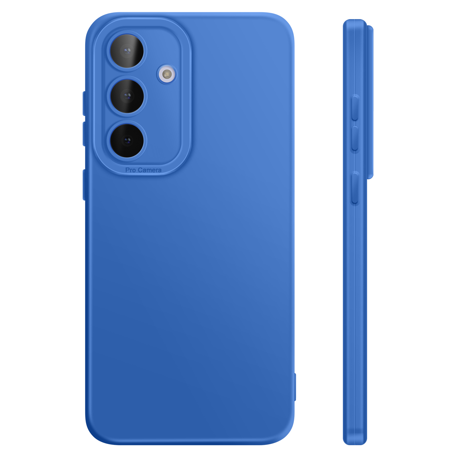 Blauw telefoonhoesje met drie cameralenzen aan de achterkant en zijknopjes.