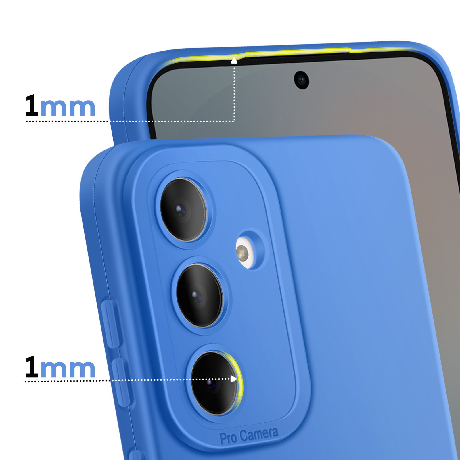 Blauw telefoonhoesje met 1 mm verhoogde randen rond camera.