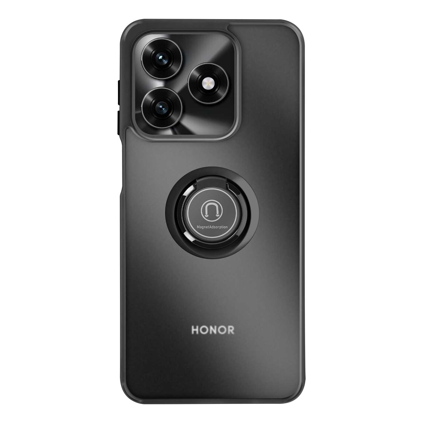 Smartphone noir avec triple appareil photo et support annulaire magnétique.