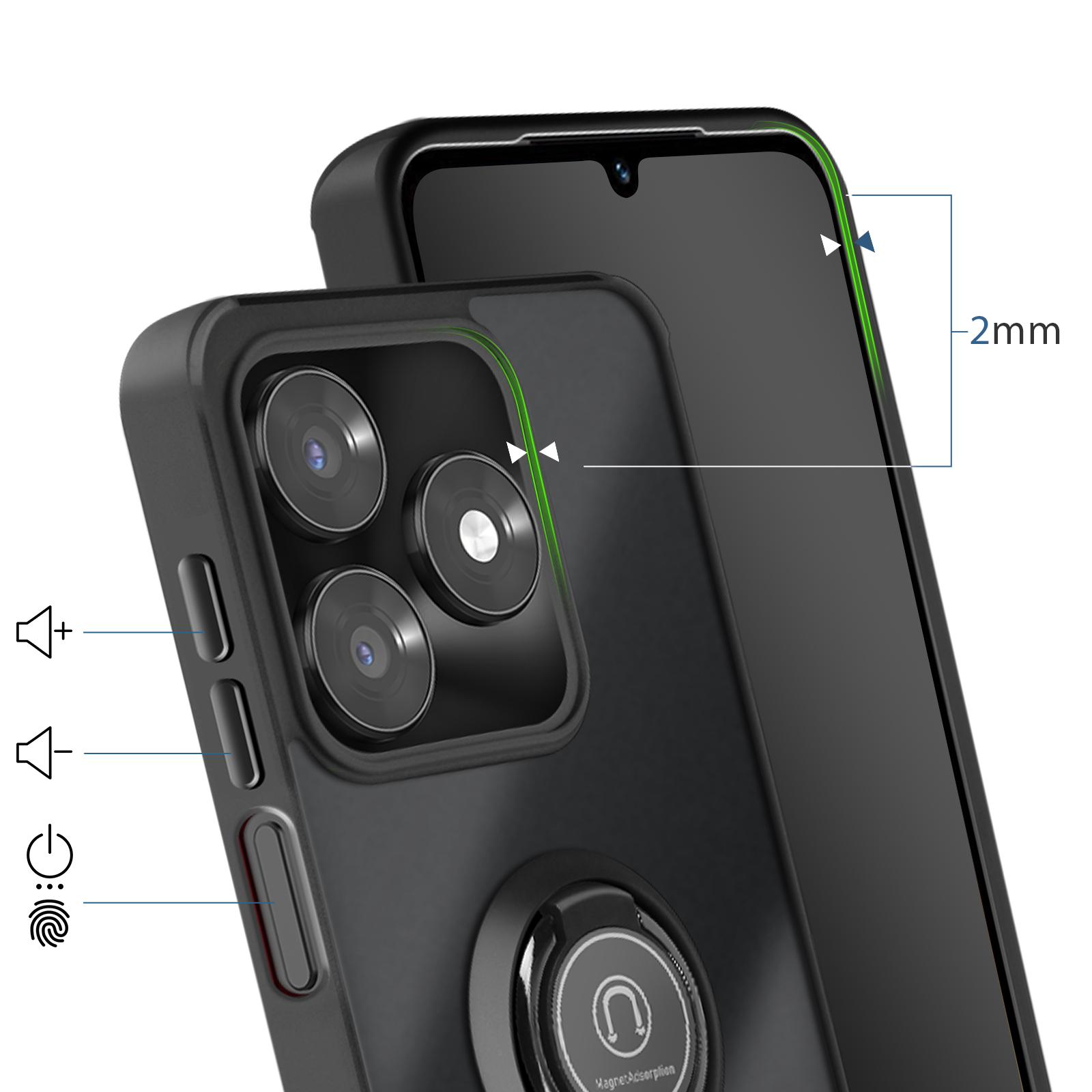 Coque noire pour téléphone avec 3 caméras, boutons volume et alimentation.
