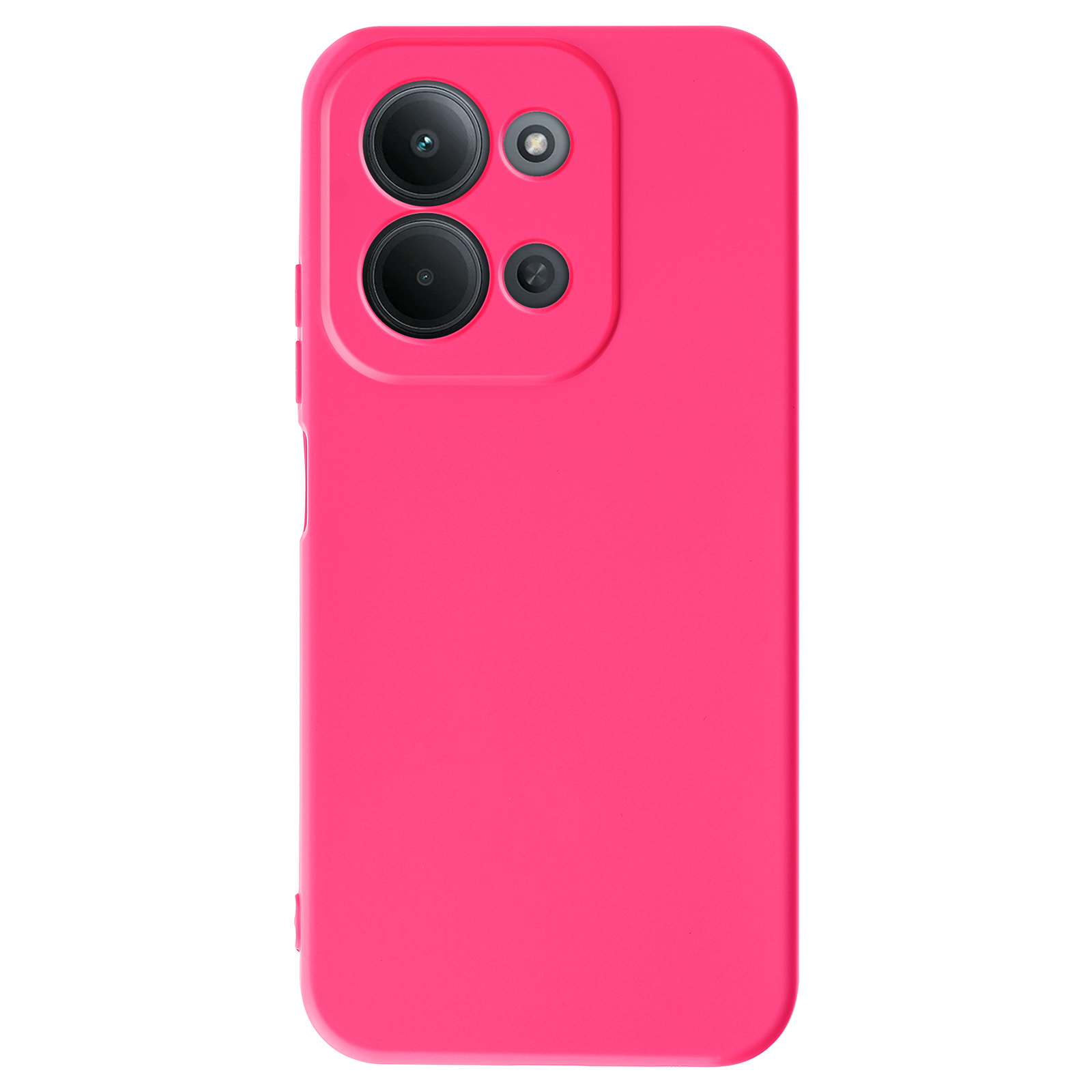 Une coque de téléphone rose vif avec un module caméra à quatre objectifs.
