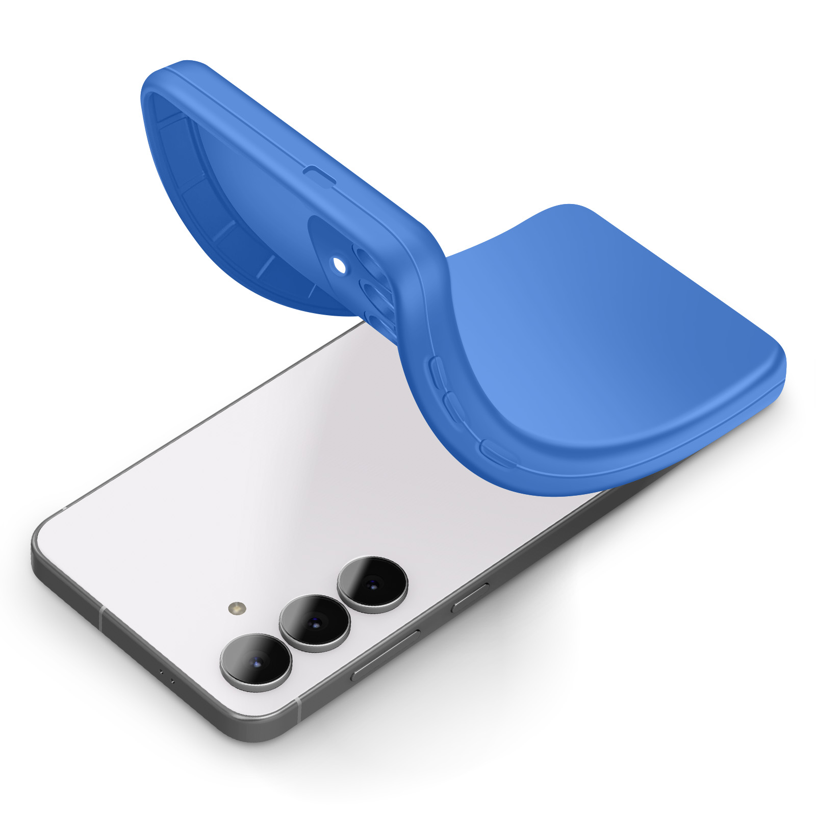 Blauwe telefoonhoes over een witte smartphone met drie camera's.