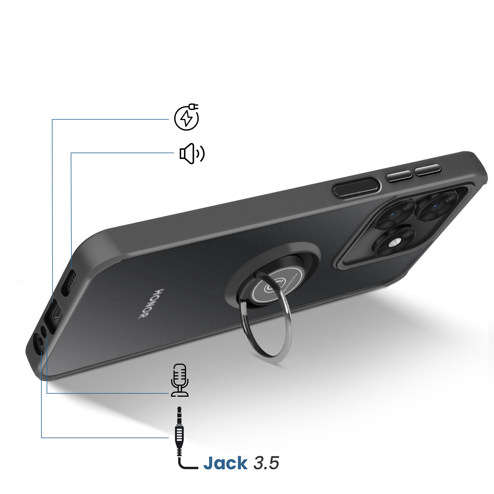Teléphone noir avec support à anneau, caméra et icônes de port de charge.
