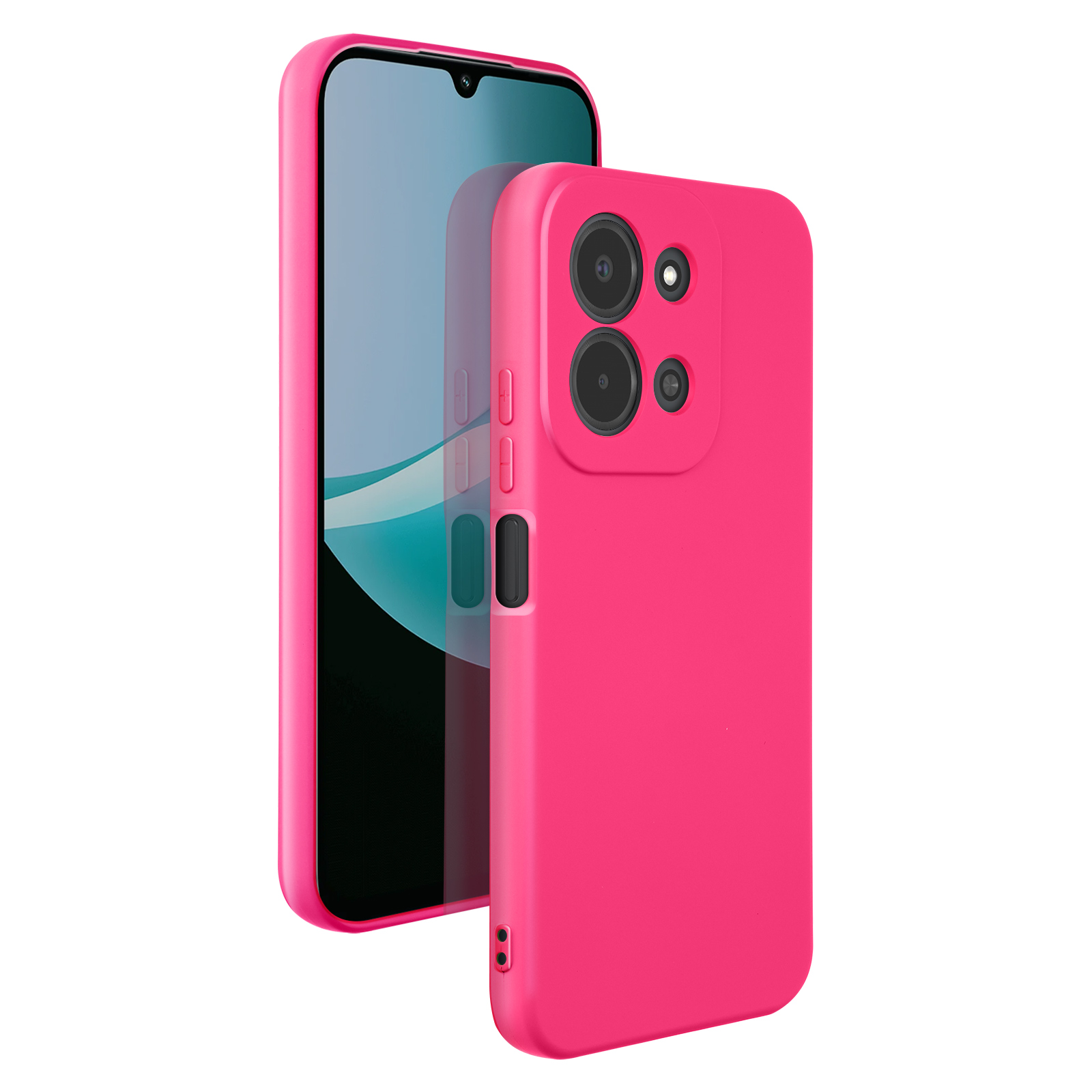 Deux coques de téléphone rose vif, l'une derrière l'autre, sur fond blanc.