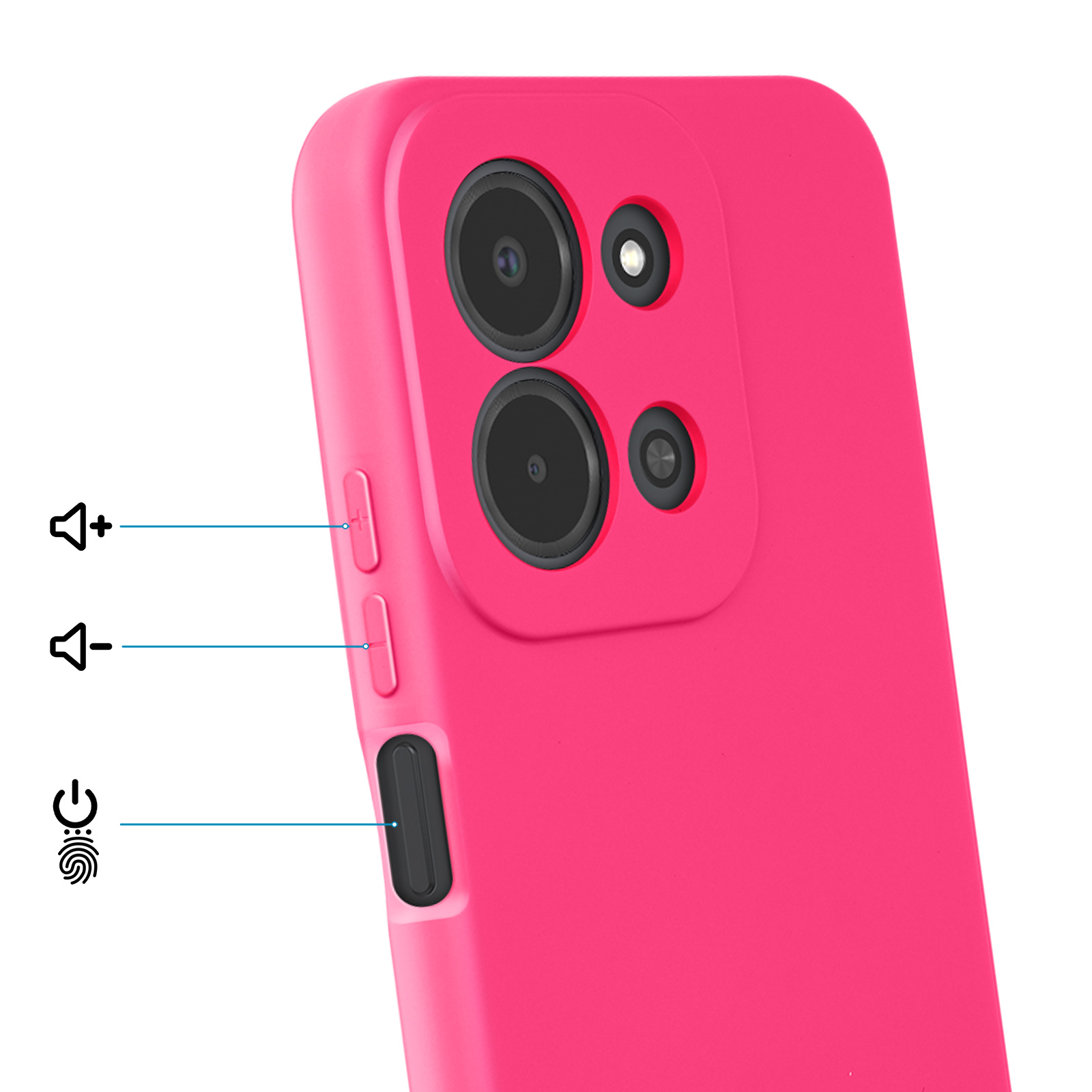 Un smartphone rose vif avec trois caméras et des boutons volume/alimentation.