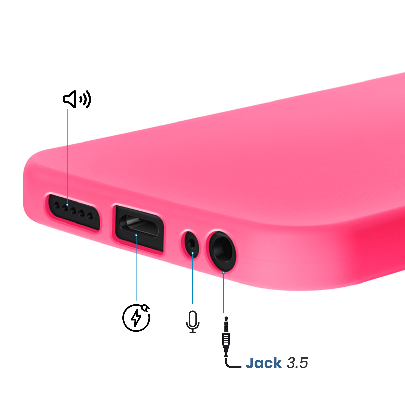 Coque de téléphone rose montrant les ports: haut-parleur, USB, micro, prise casque.
