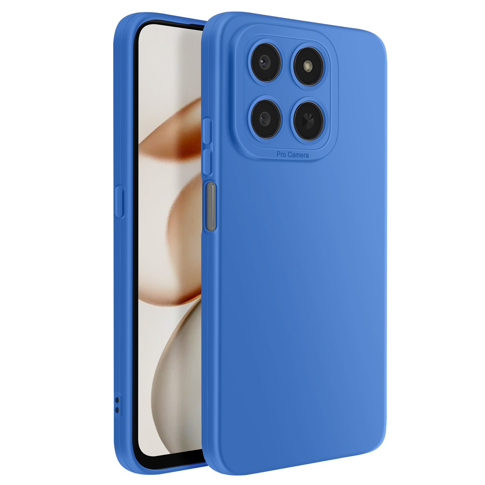 Téléphone bleu avec quatre caméras et inscription « Pro Camera » au dos.