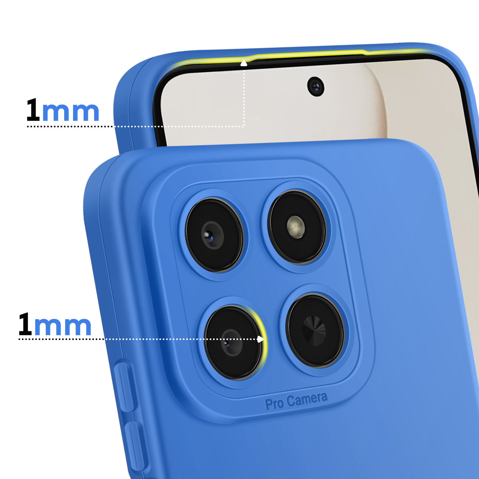 Coque de téléphone bleue montre un bord surélevé de 1mm autour de la caméra et de l'écran.
