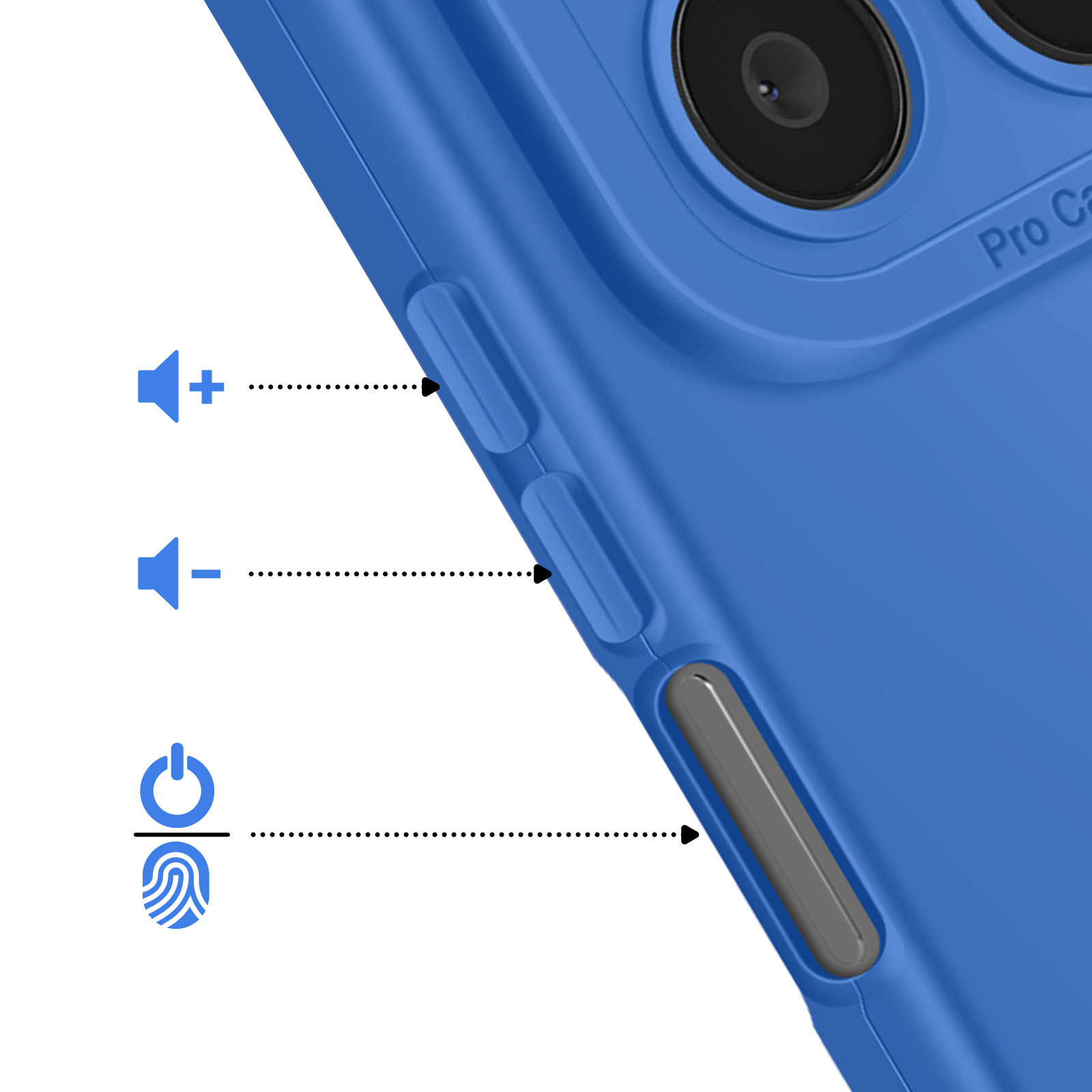 Coque bleue avec boutons volume et alimentation, avec icônes.