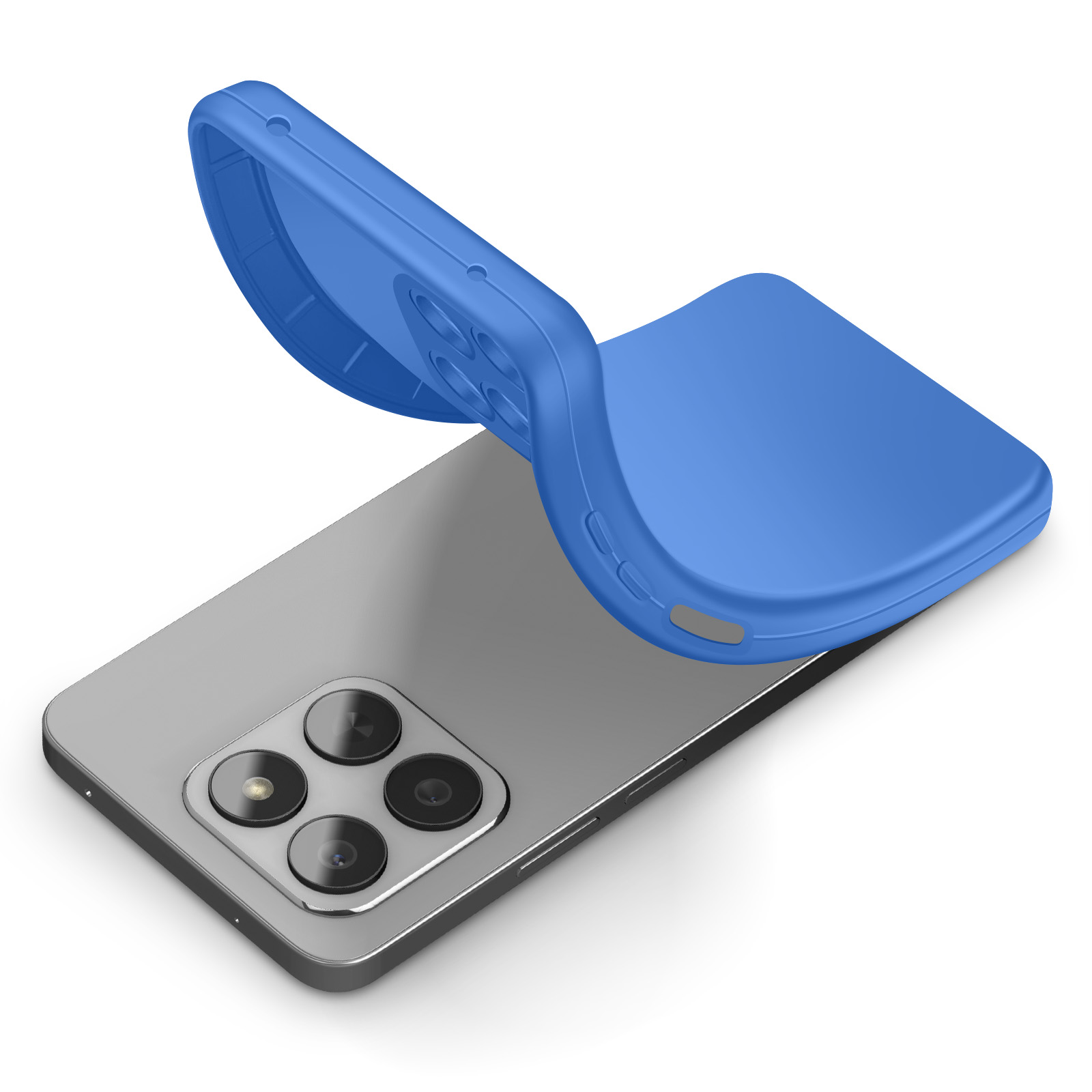 Une coque de téléphone bleue est placée sur un smartphone argenté à trois caméras.