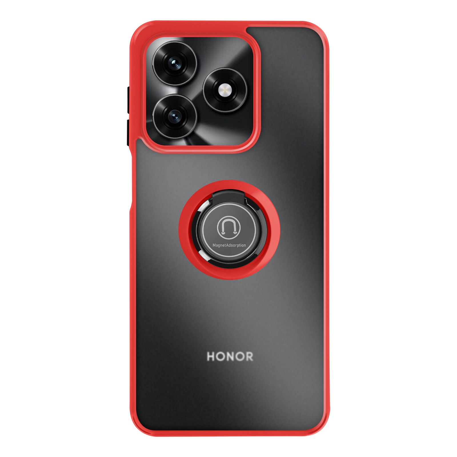 Rode telefoonhoes met drie camera's en een magnetische ring.