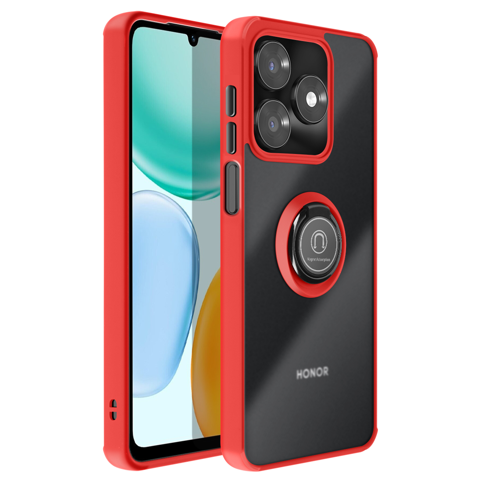 Rode telefoonhoes met zwarte achterkant, drie camera's en ringhouder.