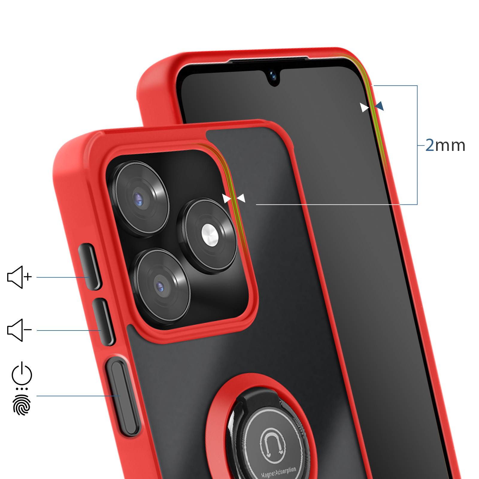 Rode telefoonhoes met drie camera's, volume- en aan/uit-knoppen.