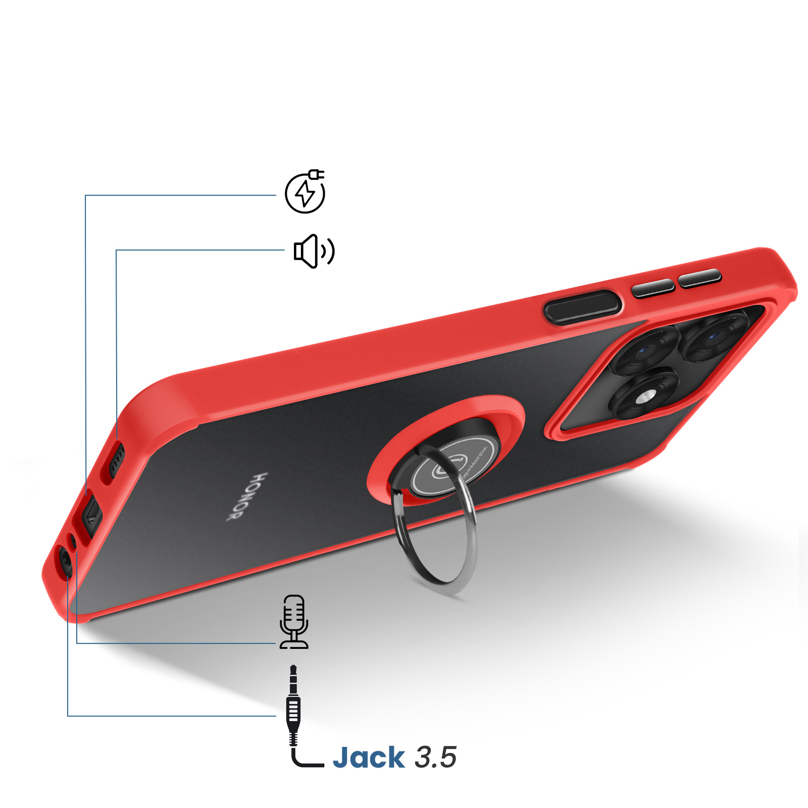 Rode telefoonhoes met zwarte achterkant, ringhouder en iconen voor opladen, geluid en microfoon.