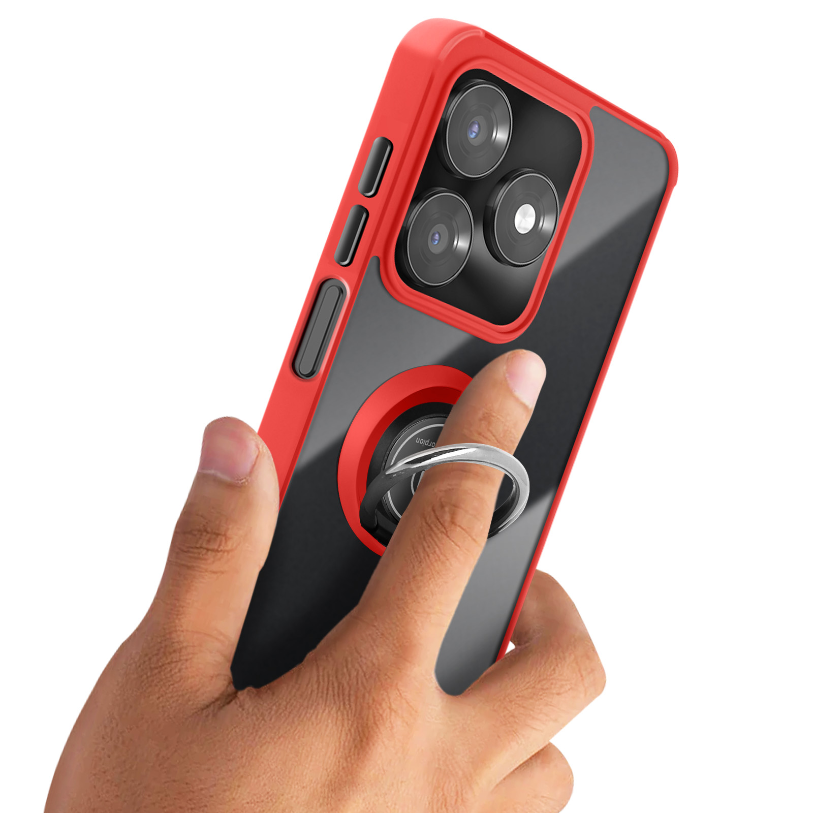 Rode telefoonhoes met ringhouder, vastgehouden door een hand.