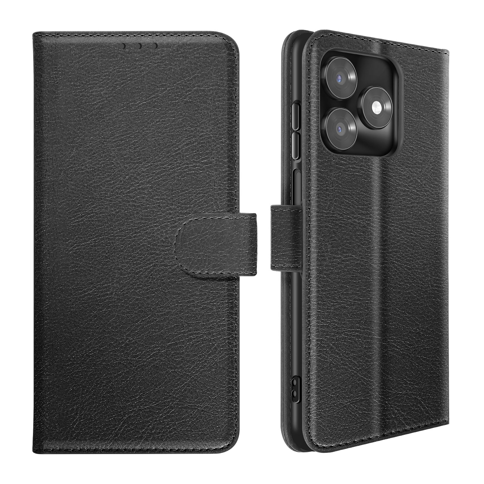 Custodia a libro in pelle nera per smartphone, vista frontale e posteriore.